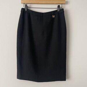 Escada Wool Blend Knit Pencil Skirt Black Size 34 Lined Logo Charm Career Luxury